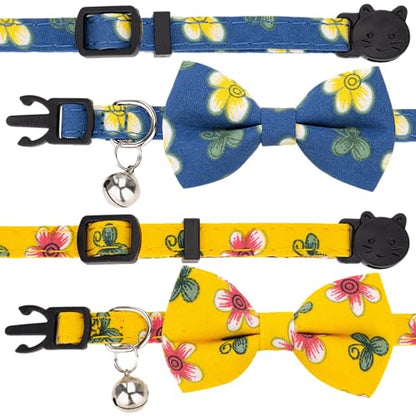 Collar for Cat Pet Breakaway with Bell Bowtie Detachable Bow Adjustable Safety Kitten Puppy Girl Boy 2pcs Flower-Blue & Yellow - color: Flower-Blue & Yellow