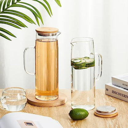 Hsei 2 Sets Glass Pitcher with Lid, 50 oz / 1500 ml Water Carafe with Handles Hot Cold Beverage Water Jar Glass Jug for Tea Juice Milk Coffee Iced Beverage - color: Bamboo Lid, size: 1.5l