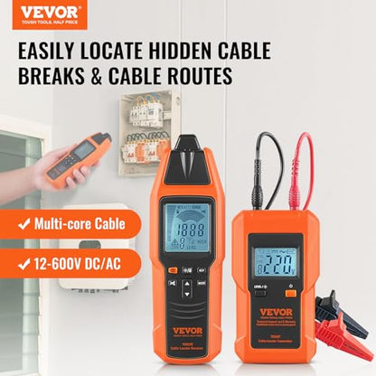 VEVOR Underground Cable Locator, 8 Ft Max Detect Depth Cable Tester, 12 to 600V (NVC) Wire Tracer Break Detector Finder, 6561Ft Detect Length for Electrical Circuits Pipelines Dog Fence Buried Cables