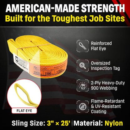 DD Sling 3 Inch x 25 Foot Nylon Lifting Sling – USA Made, 8,900 lb Vertical, 7,200 lb Choker, 17,800 lb Basket – 2-Ply Heavy Duty 900 Webbing, Type 3 Flat Eye & Eye Rigging Sling - size: 3"x25'