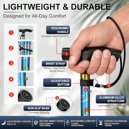 supregear Folding Cane, 5-Level Adjustable Height Walking Stick Lightweight Collapsible Portable Travel Cane with Wrist Strap and T Handle for Elderly Disabled Men Women - color: Blue Floral