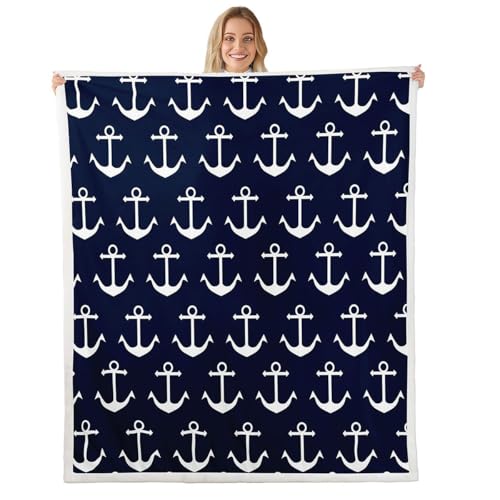Feelyou Nautical Fuzzy Blanket Anchor Sherpa Throw Blanket Sea Adventure Fleece Throw Blanket Soft Warm Cozy Ocean Theme Plush Blanket Navy Blue 60"X80" - color: Blue White, size: 60" x 80"