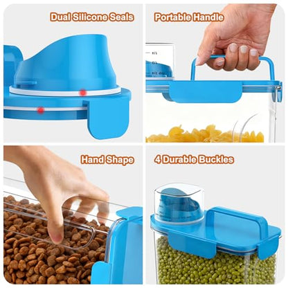 Uppetly Dog Cat Food Storage Container, 5-7Lbs Pet Food Containers, Airtight Cat Food Container with Portable Handle & Measuring Cup, Small Animal Dry Food Dispenser for Dogs, Cats and Birds - color: Blue
