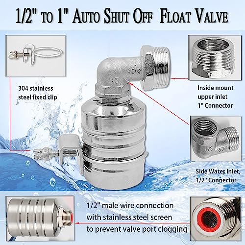 Float Valve,1/2" to 1'' water level control float valve, 304 Stainless Steel Fully Automatic water shut off valve, Automatic Water Level Controller for Water Tank, Pool, Water Tank, Livestock Troughs