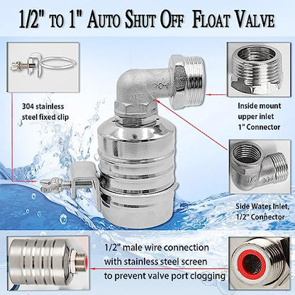 Float Valve,1/2" to 1'' water level control float valve, 304 Stainless Steel Fully Automatic water shut off valve, Automatic Water Level Controller for Water Tank, Pool, Water Tank, Livestock Troughs