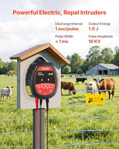 VEVOR Electric Fence Charger, 10kV 1J, AC DC Electric Fence Energizer with LED Indicator, 1.86 Miles Range, Powerful Plug-in Fences Charger, Prevents Wild Animals Intrusion for Livestock Poultry - size: 1J