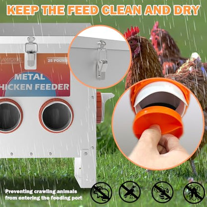 HAYOHRT Automatic Chicken Feeder No Waste 25 Pounds 4 Ports Metal Poultry Feeder with Latch & Handle for Chickens Bantams Pheasants Poultry Coop Weatherproof - size: 4 Ports - 25 lBS