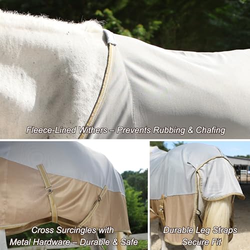 BARN & STABLE Breathable and UV Protective Tear-Resistant Mesh Horse Fly Sheet Comfy Equine Summer Sheet with Removable Web Leg Straps - color: Silver Gold, size: 69 in