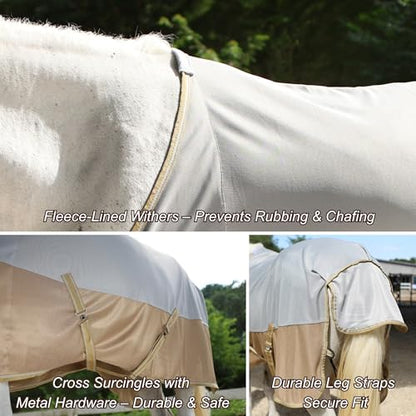 BARN & STABLE Breathable and UV Protective Tear-Resistant Mesh Horse Fly Sheet Comfy Equine Summer Sheet with Removable Web Leg Straps - color: Silver Gold, size: 75 in
