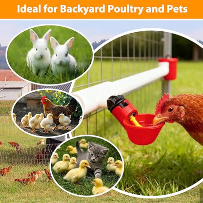 6 Packs Chicken Waterer Cups with PVC Tee Fittings, 1/8 Inch FTP Threads | Keep Clean Water, Automatic Poultry Feeder Cups Water Feeder for for DIY 1/2" Pipe System Chicks, Duck, Goose, Quail