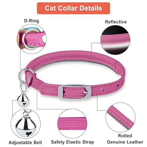 OOPSDOGGY Rolled Leather Cat Collar with Bell, Reflective Kitten Collars with Buckle Include Safety Elastic Strap - Adjustable Small Pet Collars for Boy Girl Cats (Fucsia) - color: Fucsia
