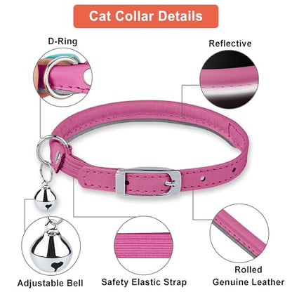 OOPSDOGGY Rolled Leather Cat Collar with Bell, Reflective Kitten Collars with Buckle Include Safety Elastic Strap - Adjustable Small Pet Collars for Boy Girl Cats (Fucsia) - color: Fucsia