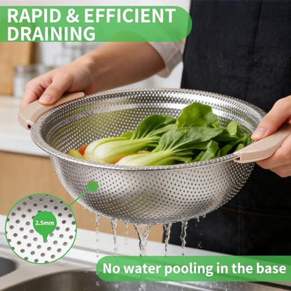 Colander Set with Plastic Handles, Stainless Steel Micro-Perforated Colanders Strainers for Draining Rinsing Washing, Ideal for Pasta Vegetables Fruits, Heavy Duty & Dishwasher Safe - color: Khaki