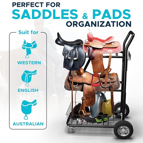 Homestead 220 Lbs Rolling Saddle Rack Cart with Basket – Heavy Duty Saddle Stand for Western Horse Gear, Organizers and Storage for Tack Room, Bridle, Horse Lovers, Cowboy - 3 Tier Saddle Rack Carts - size: 220 Lbs