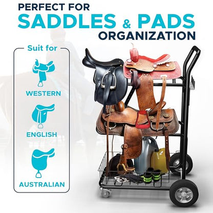 Homestead 220 Lbs Rolling Saddle Rack Cart with Basket – Heavy Duty Saddle Stand for Western Horse Gear, Organizers and Storage for Tack Room, Bridle, Horse Lovers, Cowboy - 3 Tier Saddle Rack Carts - size: 220 Lbs