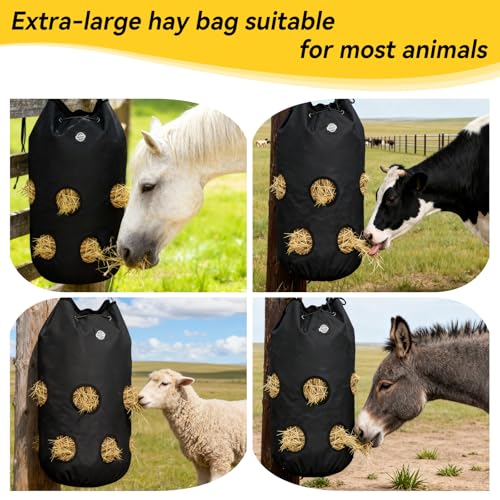3 Pcs Hay Bags for Horses,Slow Feeder Hanging 1200D Oxford Cylindrical Hay Bag,Net Large Opening Feed Hole Hay Bag,Horse, Goats, Sheep,Cows & Donkeys (Black)
