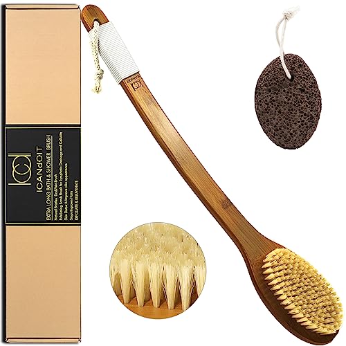 ICANdOIT-19.68Inch Natural Boar Bristles Anti-Slip Extra Long Handle Bath Brush,Bent Handle Shower Scrubber for Exfoliating,Shower Back Brush,Exfoliation Set with Pumice Stone (1 Pack) - size: 19.68"Boar Bristles Back Brush+ Pumice-2Pack