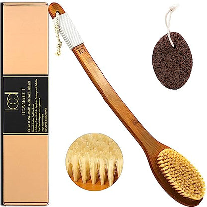 ICANdOIT-19.68Inch Natural Boar Bristles Anti-Slip Extra Long Handle Bath Brush,Bent Handle Shower Scrubber for Exfoliating,Shower Back Brush,Exfoliation Set with Pumice Stone (1 Pack) - size: 19.68"Boar Bristles Back Brush+ Pumice-2Pack