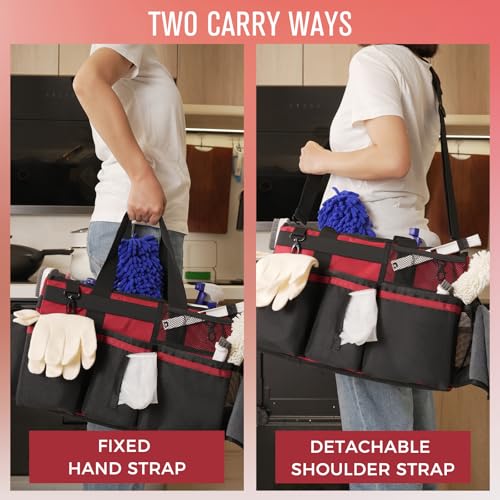 SCAVATA Wearable Cleaning Caddy, Cleaning Caddy Supplies Organizer with Handle & Shoulder Straps for Housekeepers, Under Sink & Car Cleaning Tool Organizers Bag with 4 Foldable Divider (Wine) - color: Wine