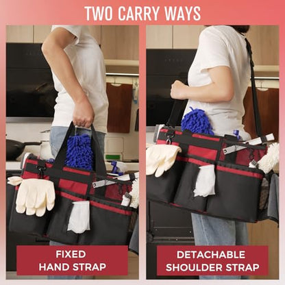 SCAVATA Wearable Cleaning Caddy, Cleaning Caddy Supplies Organizer with Handle & Shoulder Straps for Housekeepers, Under Sink & Car Cleaning Tool Organizers Bag with 4 Foldable Divider (Wine) - color: Wine