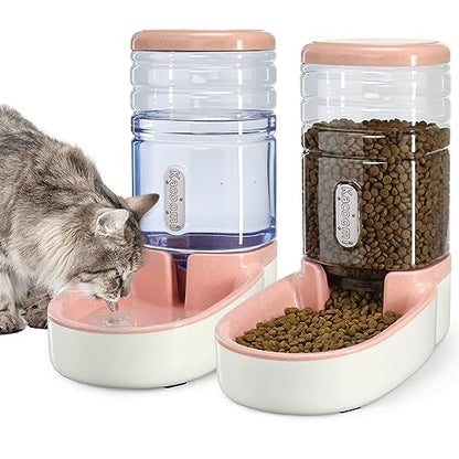 Automatic Dog Cat Feeder and Water Dispenser Gravity Food Feeder and Waterer Set with Pet Food Bowl for Small Medium Dog Puppy Kitten, Large Capacity 1 Gallon x 2(Pink) - color: Pink