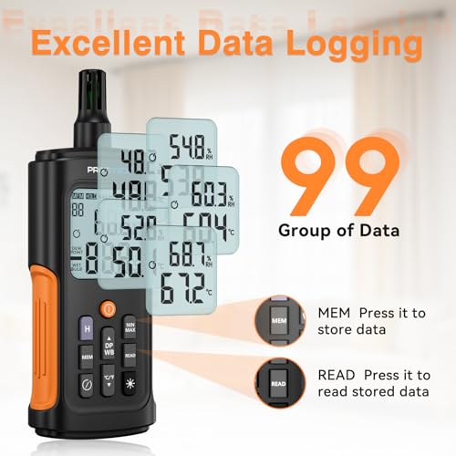 YT606 Temperature Humidity Meter High Precision Digital Hygrometer with Ambient, Relative Humidity, Dew Point, Wet Bulb Thermometer for Indoor Outdoor, Digital Thermometer Min/Max Hold, LCD Backlight