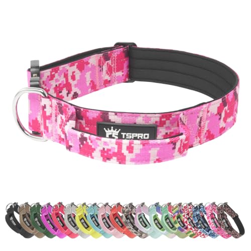 TSPRO Heavy Duty Tactical Dog Collar Quick Release Metal Buckle with Handle | Premium Dog Collar, Military Grade, 1.25 Inch Wide, Soft Padded, Thick, Adjustable for Medium & Large Dogs (Camo Pink, M) - color: Camo Pink, size: M, Handle Style, Neck 14.5"–1