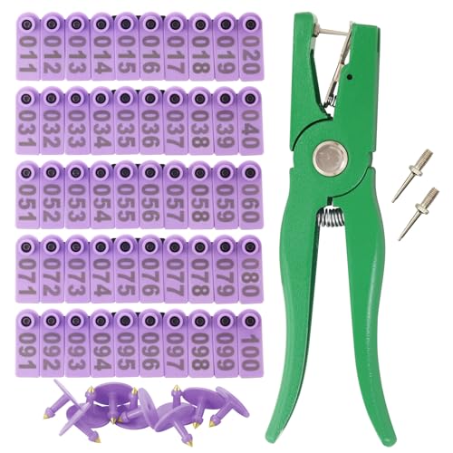 Sheep Goat Ear Tags Numbered 001-100 Plastic with Applicator Plier Tool | Livestock Ear Tags with 2 Ear Tag Pins for Sheep Goats Hogs Pigs Farm Animal Tracking Identification (Purple, 001-100) - color: Purple, size: 001-100