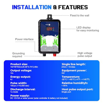 12KV DC AC Powered Electric Fence Charger, 15 Miles 4 Joules Pulse - color: Blue