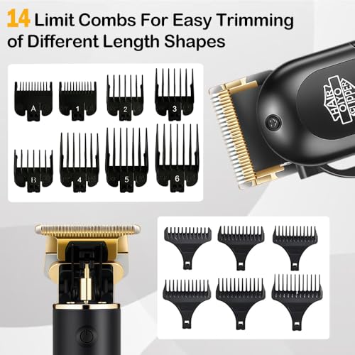 Hair Clippers for Men, Cordless Professional Beard Trimmer Set | Golden Stainless Steel Blades, 14 Guide Combs(1-19mm), USB Charging, Home Use, LED Display, Barber accessories, Gift for Men