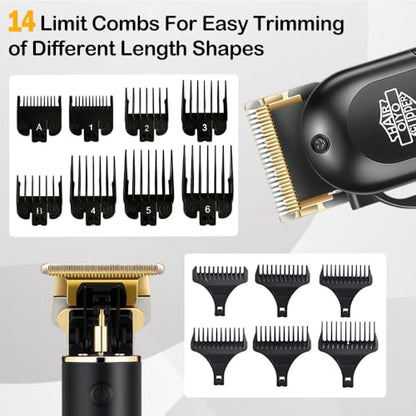 Hair Clippers for Men, Cordless Professional Beard Trimmer Set | Golden Stainless Steel Blades, 14 Guide Combs(1-19mm), USB Charging, Home Use, LED Display, Barber accessories, Gift for Men