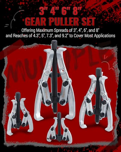 Reywoo Gear Puller Set, 3" 4" 6" 8" Bearing Puller Kit for Pulley Gear Bearing Flywheel Removal, Cr-V Steel 2 Jaw & 3 Jaw Gear Puller with Reversible Jaws - size: Max External 3"&4"&6"&8"
