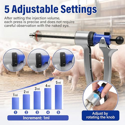 50ML Livestock Syringe, 5 Gears Adjustable Semi Automatic Livestock Syringe, Repeating Luer Lock for Cattle Cow Sheep Pig Chickens Ducks Goose