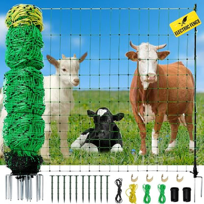 Electric Fence Netting, 164'L x 35.4"H Movable Livestock Nets for Sheep, Hogs, Cattle, PE Net Fencing Kit with 14 Posts Double Spiked, Electric Fencing for Backyards, Homesteaders, Farms Ranches - size: 164'L x 35.4" H