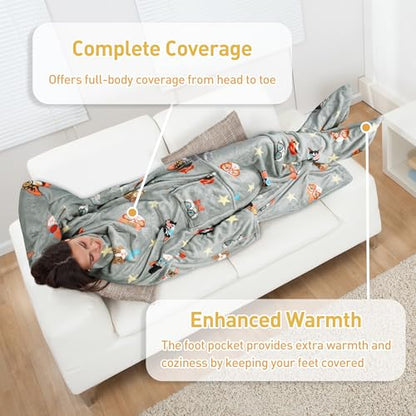 Catalonia Wearable Blanket with Sleeves & Foot Pocket for Adults - color: 80's Cat Dog Gray, size: Fleece