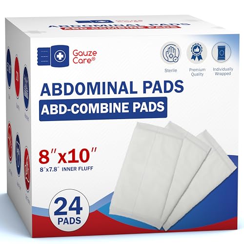 GauzeCare Sterile Abdominal- ABD Combine Pads| 24-Pack, 8x10 Inches| Extra Absorbent & Thick, Individually Wrapped Wound Dressing, First Aid Pads| Surgical-Grade, Nonstick- for Heavy Leakage, Post Op - size: 8"x10" (24 Pads)