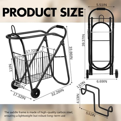 Horse Saddle Tack Cart with Wheels, Rolling Iron Heavy Duty Trailer Organizer with Hooks Foldable Horse Cinch Equipments Stable Storage Tool for Saddle Moving Transport Organizer Supplies