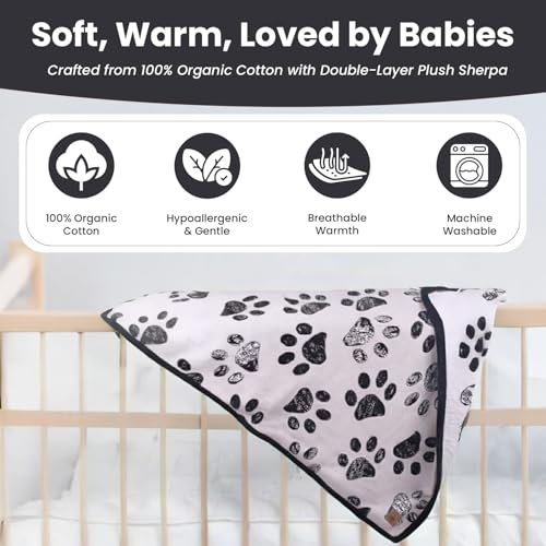Baby & Pet Blanket 100% Cotton with Sherpa Fleece – Soft Stroller & Cuddle Blanket for Baby, Dog & Cat – Breathable, Hypoallergenic, Washable – 30x40 All-Season Blanket Black - color: Black Paw/ Beige