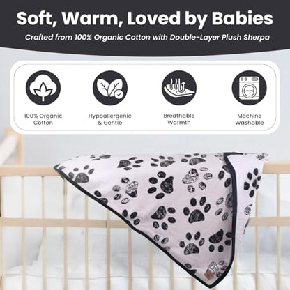 Baby & Pet Blanket 100% Cotton with Sherpa Fleece – Soft Stroller & Cuddle Blanket for Baby, Dog & Cat – Breathable, Hypoallergenic, Washable – 30x40 All-Season Blanket Black - color: Black Paw/ Beige