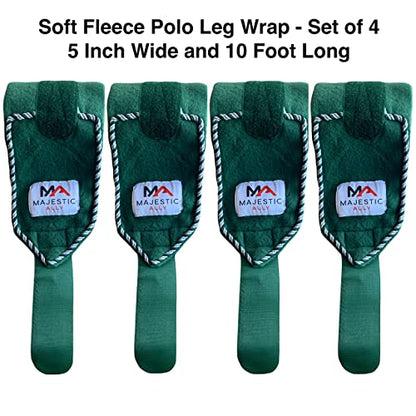 Majestic Ally Fleece Polo Leg Wraps with Braided Rope for Horses - Set of 4-10 Foot Long and 5 Inch Wide (Hunter Green) - color: Hunter Green