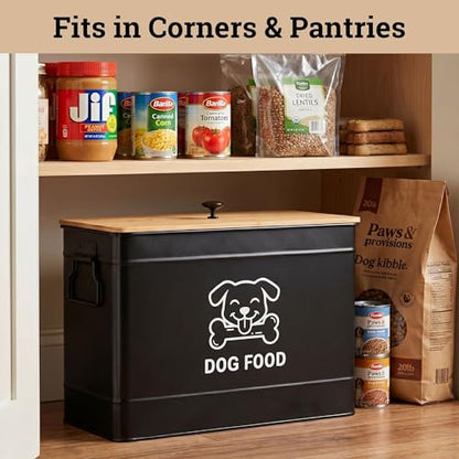 Metal Dog Food Container 15-20 lbs w/ Airtight Bamboo Lid, 70 Cup Capacity - color: Black