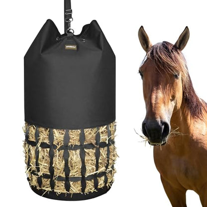 Hay Bags for Horses, Cylindrical Slow Feed Hay Bag | with Rounded Diamond Nets Design for Goats, Horse, Donkey, Large Easy-Fill Top with Drawstring and Adjustable Strap