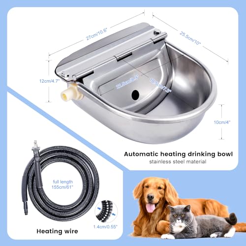 Heated Automatic Dog Water Bowl Dispenser Stainless Steel | Outdoor Heated Dog Bowl with Anti Chew Cord and Automatic Dog Water Dispenser for Dogs, Cats, Chicken, Ducks, Birds