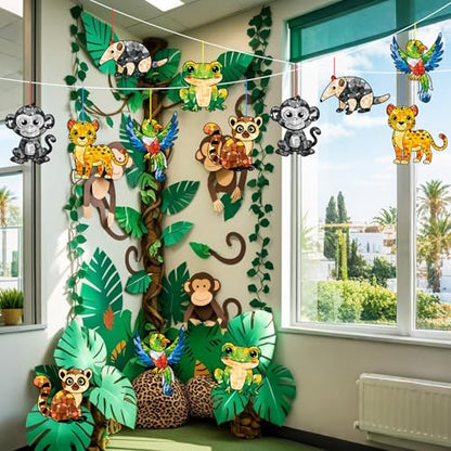 AmazingSpark 30 Pcs Rainforest Suncatcher Craft Kit, VBS Animal DIY | 6 Jungle Animals Tissue Paper, Stained Glass Effect for Summer Church Activities, Bulk Kids Classroom Art Projects - style: Rainforest Animals