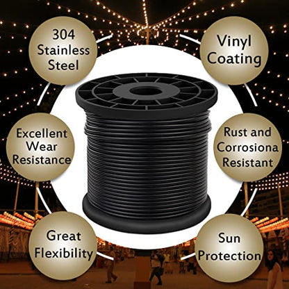 Vinyl Coated Wire Rope 304 Stainless Steel Coated Wire Cable-Black, 1/16" OD to 3/32" x 200FT, with 60 Pcs Crimping Sleeves-Cable for String Lights, Suitable for Clotheslines - size: 200FT