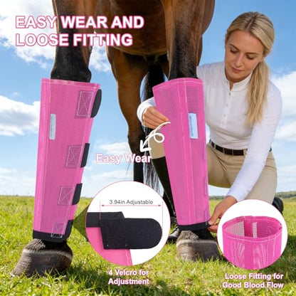 Fly Boots for Horses Set of 4, Loose Fitting Mesh Horse Fly Boots Leggings, Reduce-Stomping Adjustable Equine Leg Wraps & Socks, Stay Up Not Sag, No Rub (Pink) - color: Pink