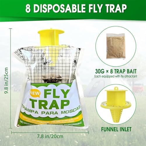 Fly Trap 8 Pack Outdoor Hanging Disposable Fly Catcher Mess-Free Bug Bags for Yard Garden Farm & Horse Ranch