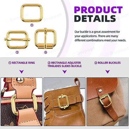 Swpeet 5 Style Metal Buckles - Adjustable Slide, D Ring, Circular Ring - color: Gold, size: 3/4 Inch