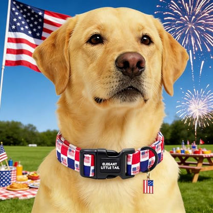 Elegant Little Tail 4th of July Dog Collar with Pendant, American Dog Collars Patriotic Red White Blue Pattern, Sturdy Quick-Release Plastic Buckle Adjustable Pet Collar for X-Small Dogs - color: Independence-CheckeredAmericanFlag, size: X-Small (Pack of