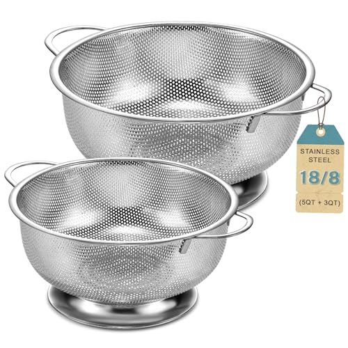 Pleafind 18/8 Stainless Steel Colander for Kitchen - 5 qt and 3 qt, Rapid-Flow Strainers and Colanders with Handle, Pasta Strainer with Sturdy Base for Stable Use, Rust-Resistant & Dishwasher Safe - size: 5Qt & 3Qt